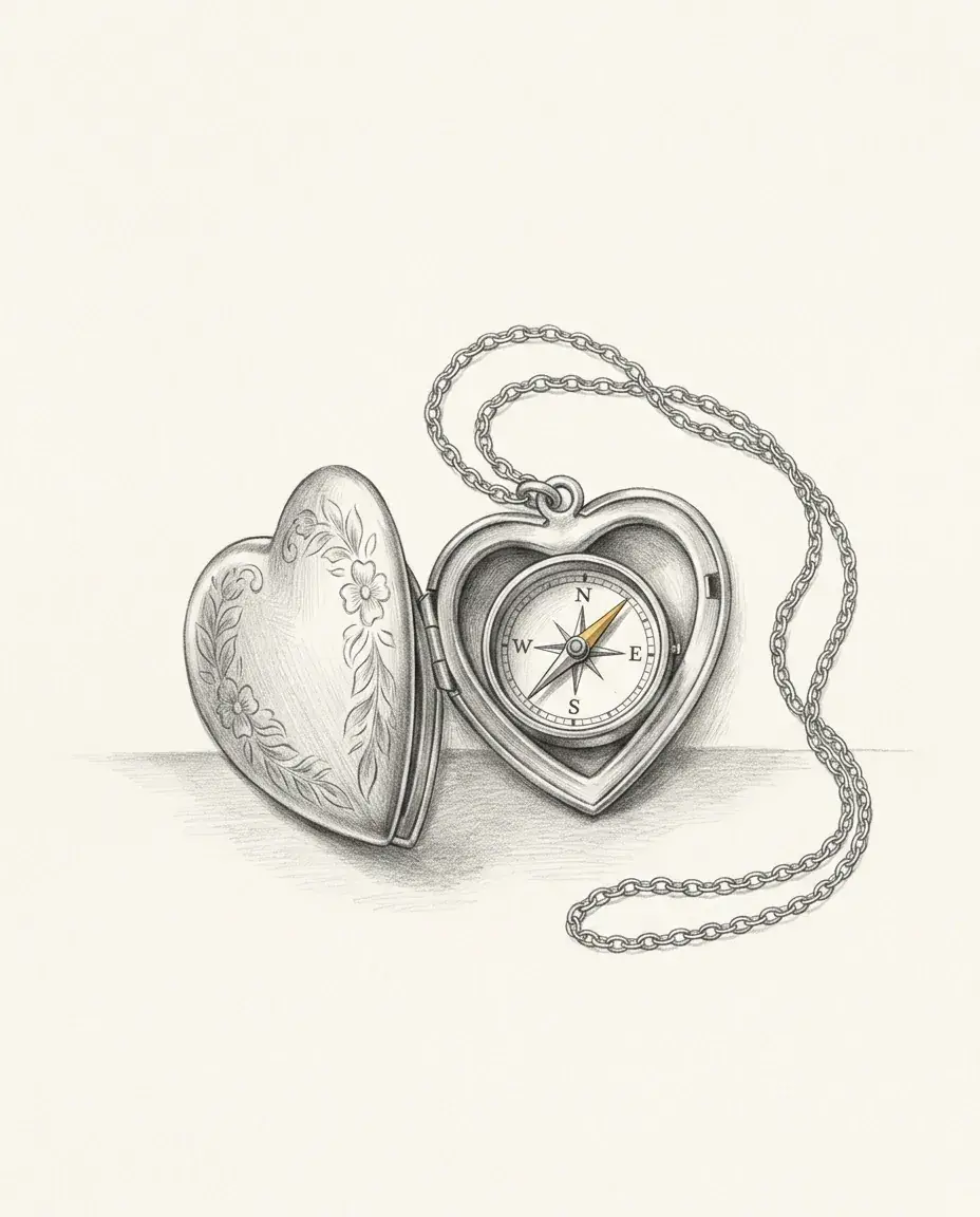 An open heart locket holds a working compass where a portrait would sit, its needle tipped gold and the chain trailing loose.