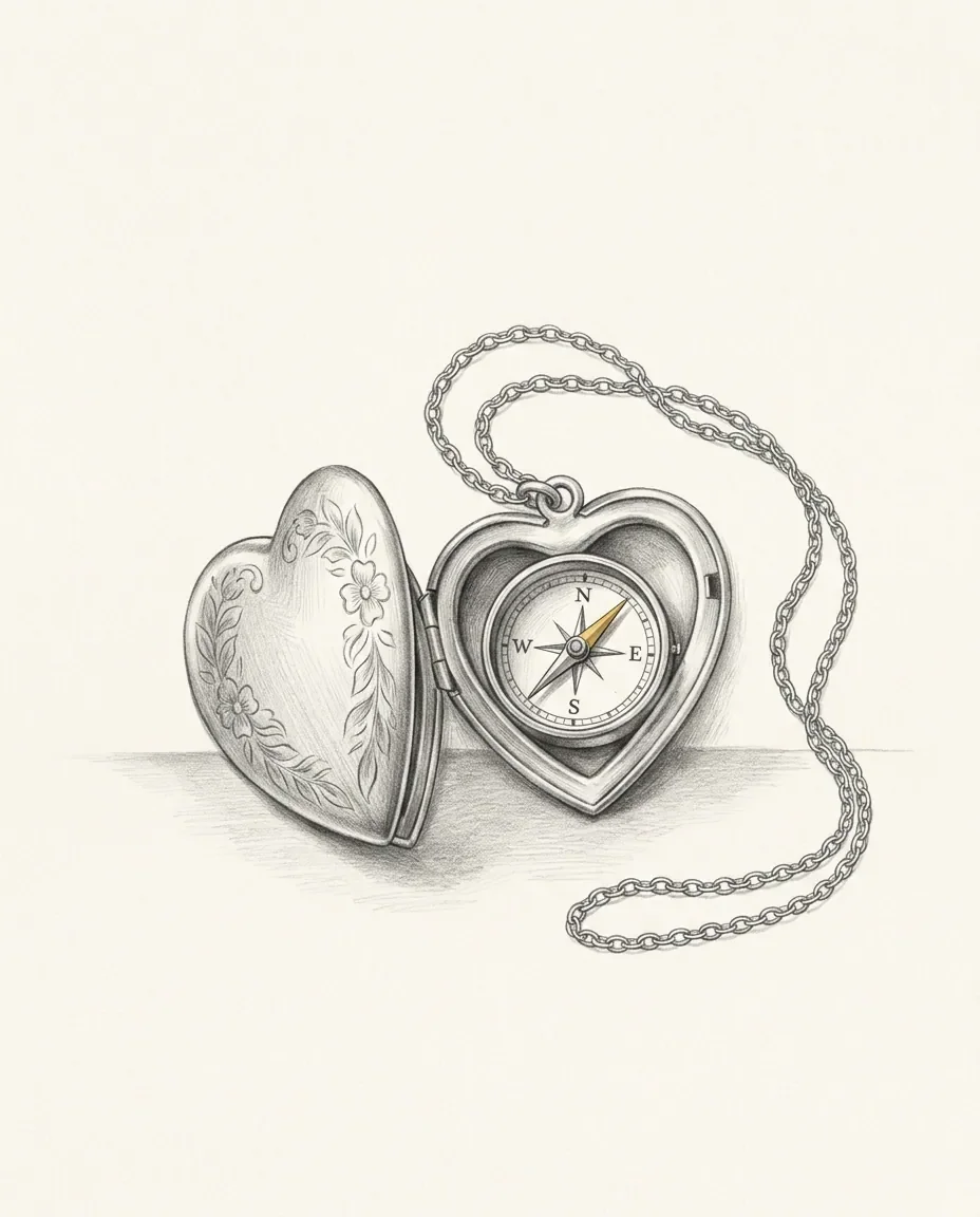 An open heart locket holds a working compass where a portrait would sit, its needle tipped gold and the chain trailing loose.
