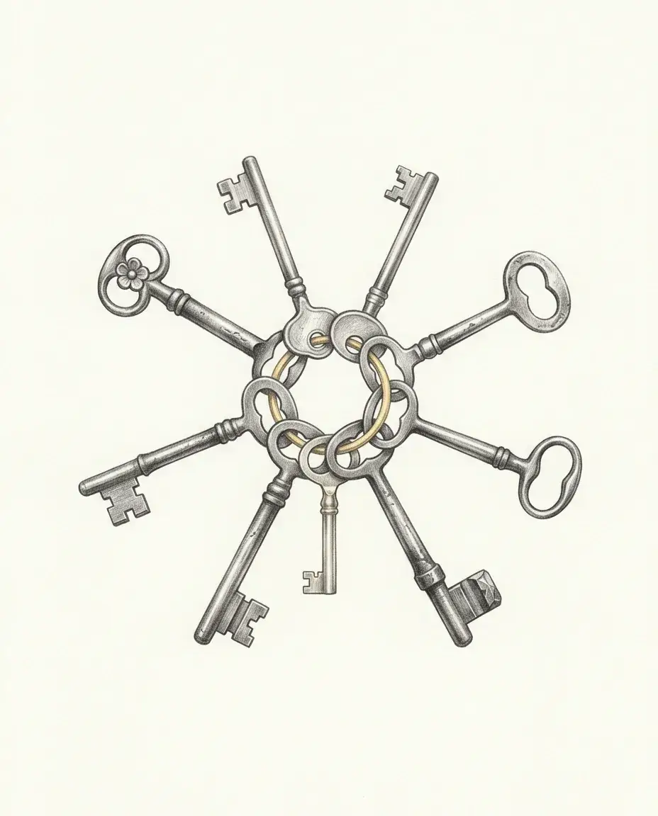Seven different keys fan out in a full circle from a central ring, the small linking loops among them picked out in gold.