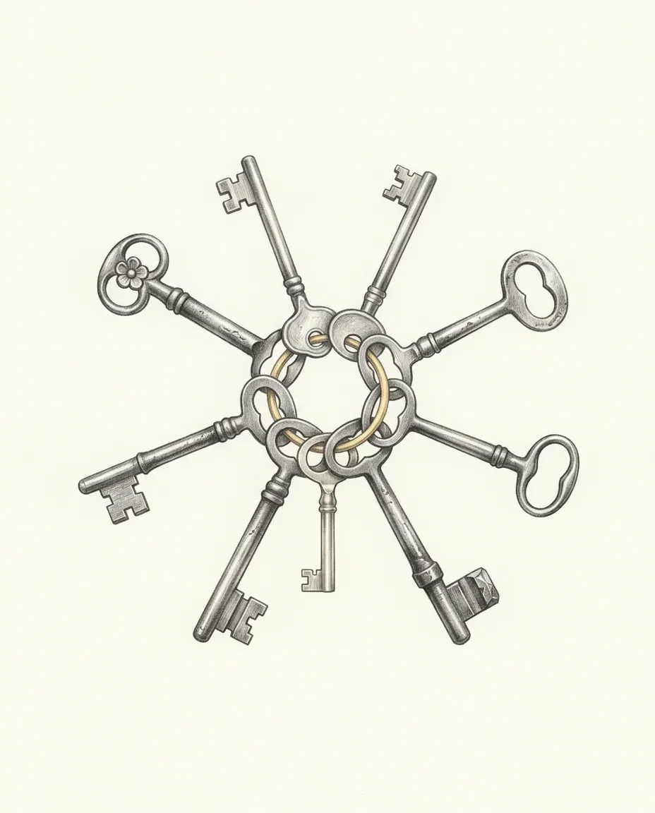 Seven different keys fan out in a full circle from a central ring, the small linking loops among them picked out in gold.