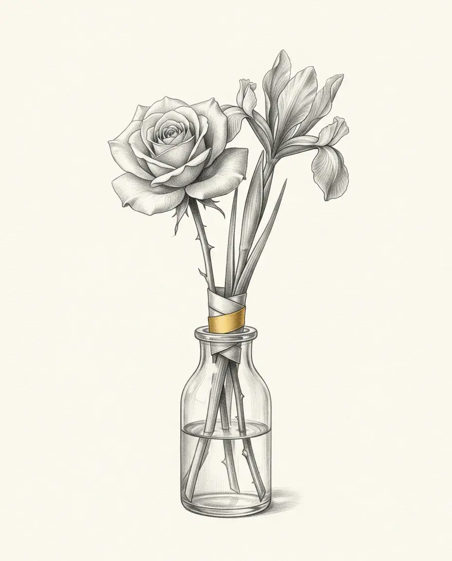 A rose and an iris stand together in one glass bottle, their stems wrapped at the neck by a gold-banded tie.