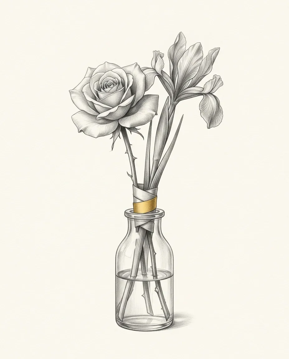 A rose and an iris stand together in one glass bottle, their stems wrapped at the neck by a gold-banded tie.