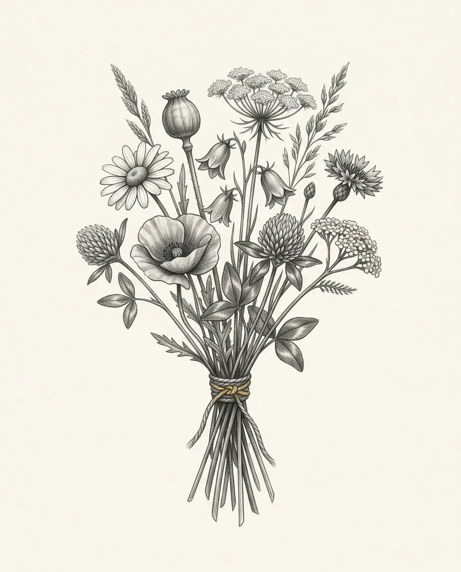 A hand-tied bouquet gathers poppy, daisy, clover, cornflower and grasses together, the stems bound with twine knotted in gold.