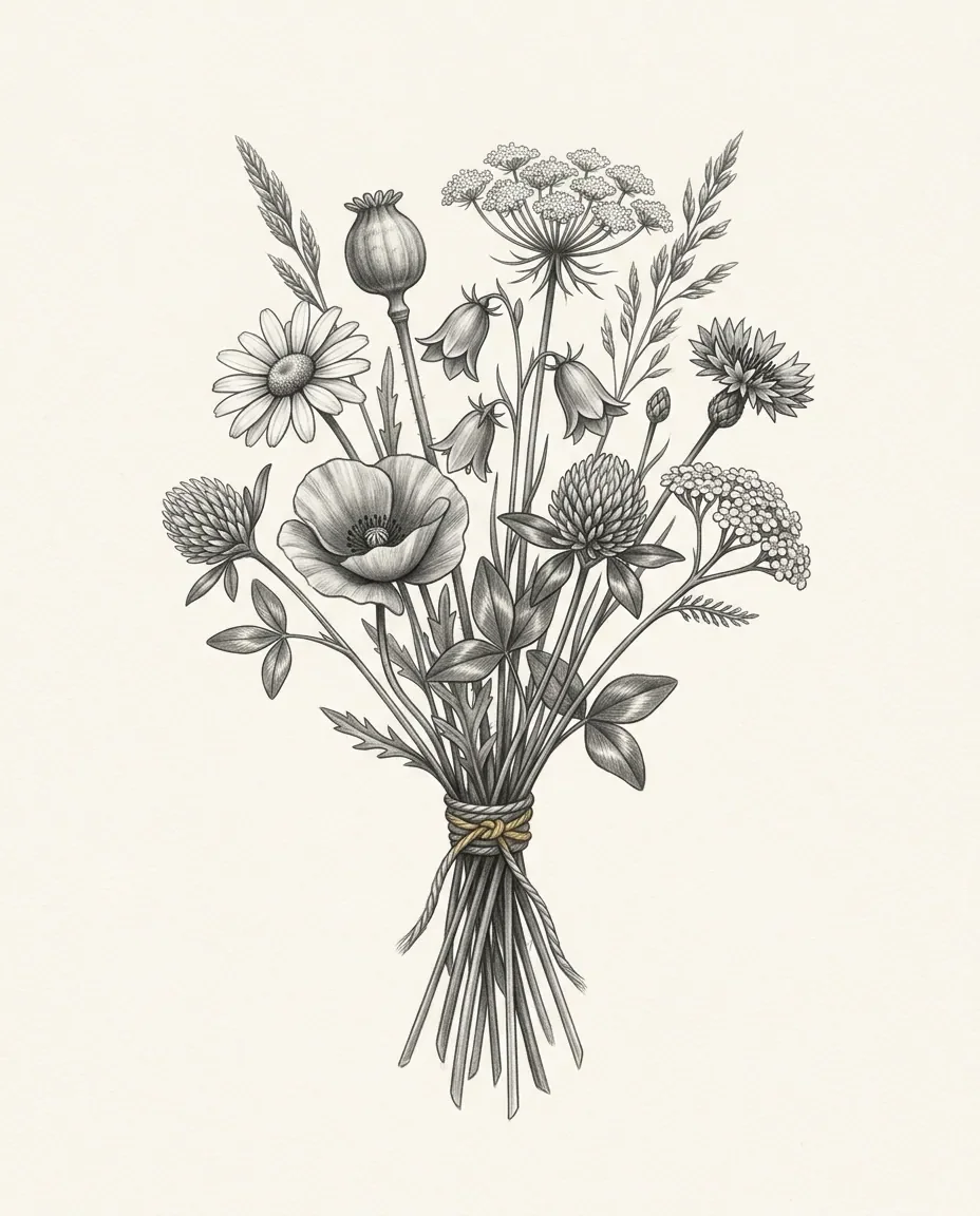 A hand-tied bouquet gathers poppy, daisy, clover, cornflower and grasses together, the stems bound with twine knotted in gold.