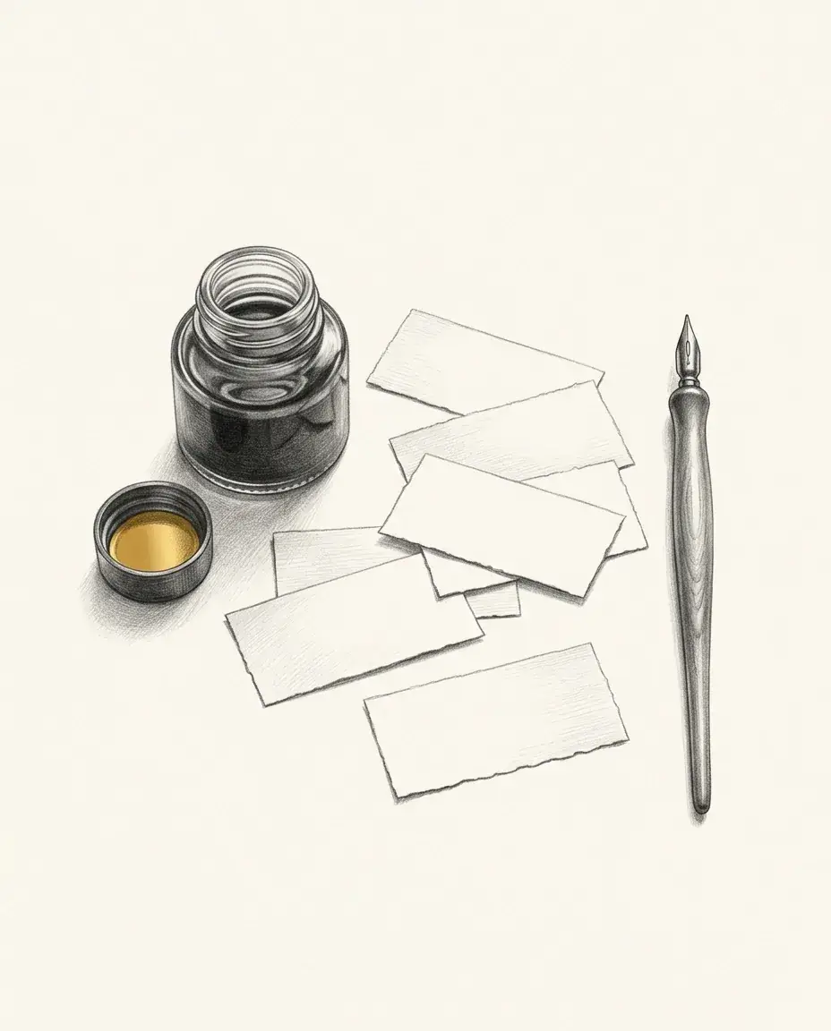 Blank paper labels lie scattered beside an open ink bottle whose cap shows gold inside, with an unused dip pen alongside.