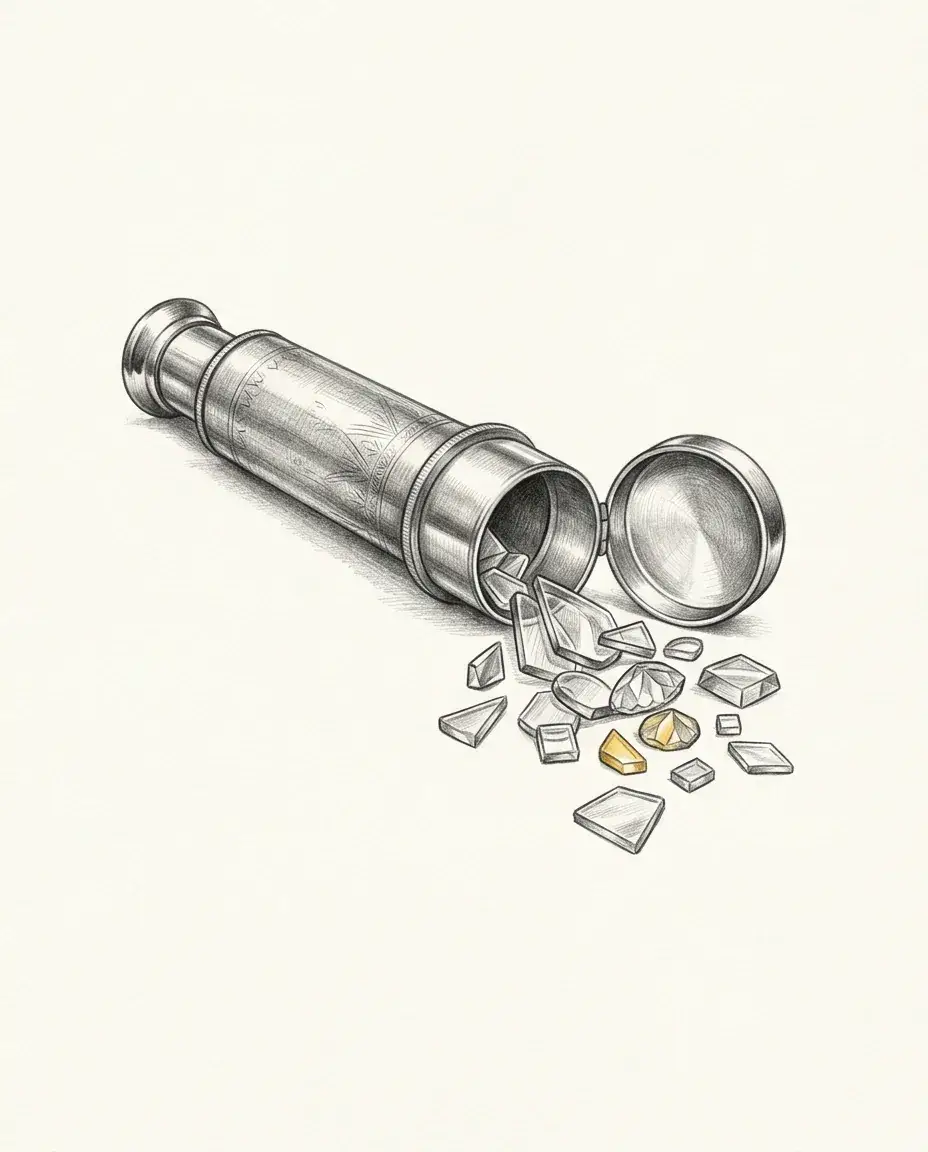 A kaleidoscope tube lies with its end chamber swung open and cut-glass fragments spilling out, two of them amber gold.