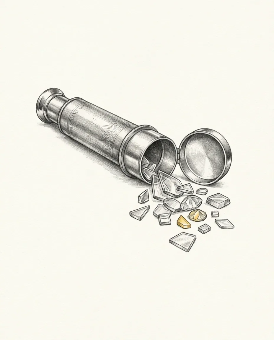 A kaleidoscope tube lies with its end chamber swung open and cut-glass fragments spilling out, two of them amber gold.