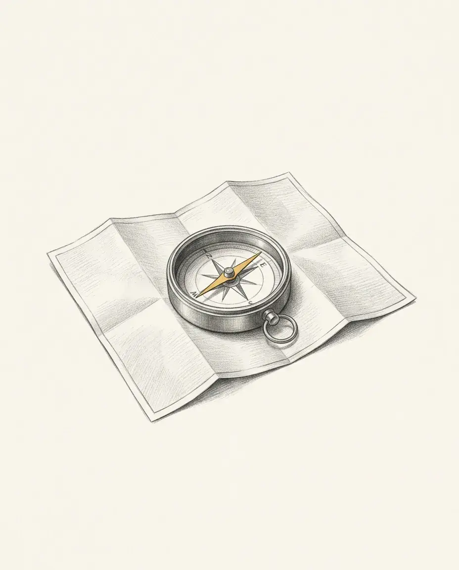 A compass rests on an unfolded blank map with its gilded needle caught between two bearings rather than settled.