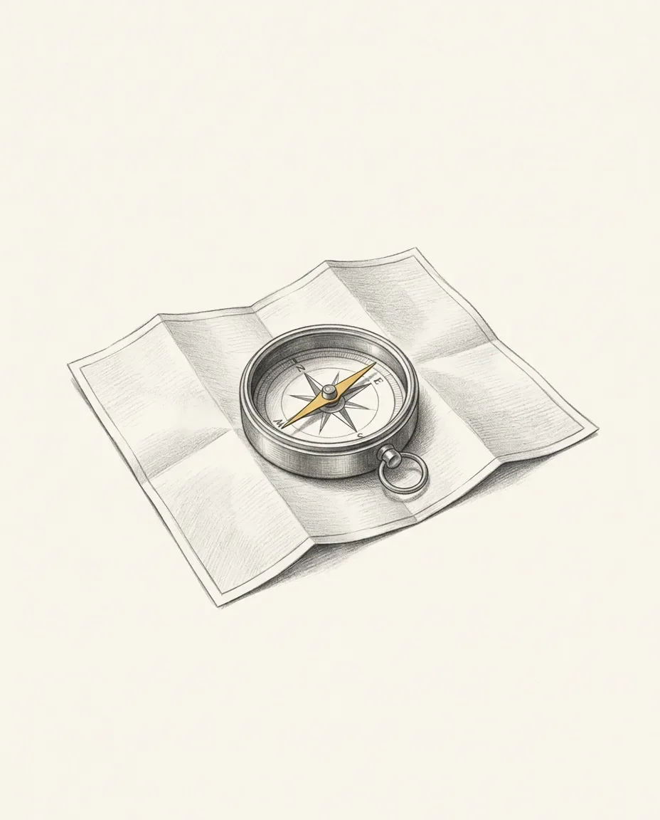 A compass rests on an unfolded blank map with its gilded needle caught between two bearings rather than settled.