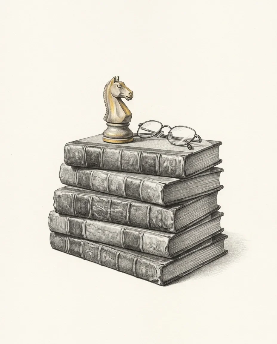 A chess knight in pale gold and a pair of reading glasses sit on top of a stack of five worn hardback books.