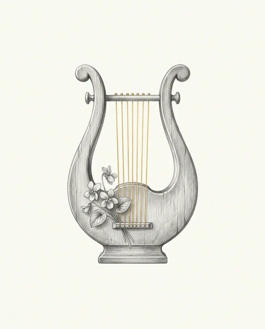 A Greek lyre stands with gilded strings drawn tight and a sprig of violets tucked against its lower frame.