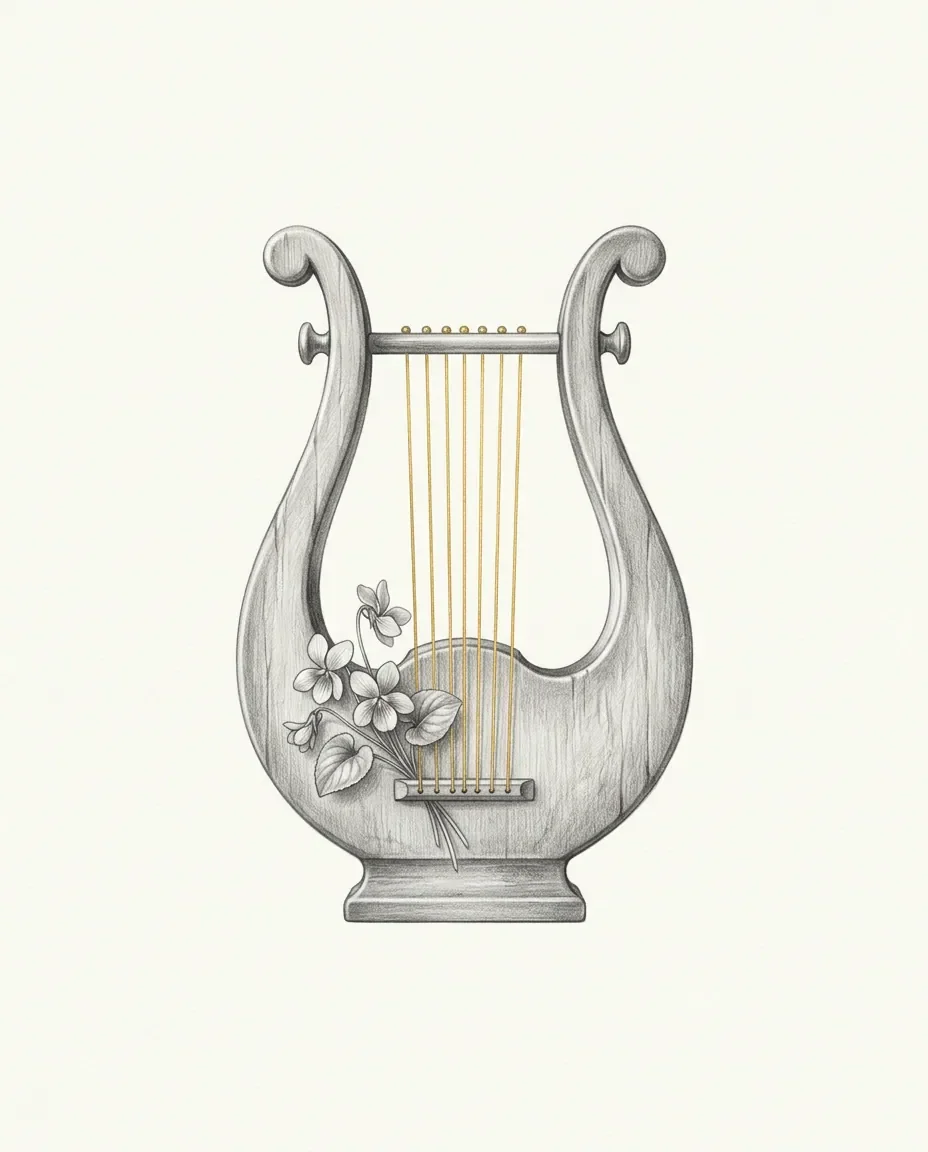 A Greek lyre stands with gilded strings drawn tight and a sprig of violets tucked against its lower frame.