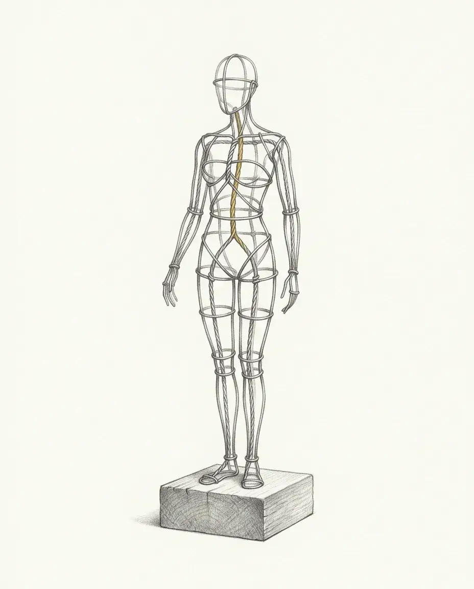 A sculptor's wire armature figure stands unfinished on a wooden block, one gold strand running the length of its spine.