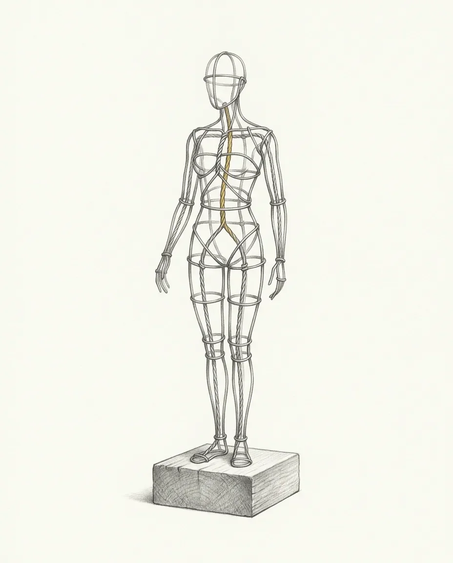 A sculptor's wire armature figure stands unfinished on a wooden block, one gold strand running the length of its spine.
