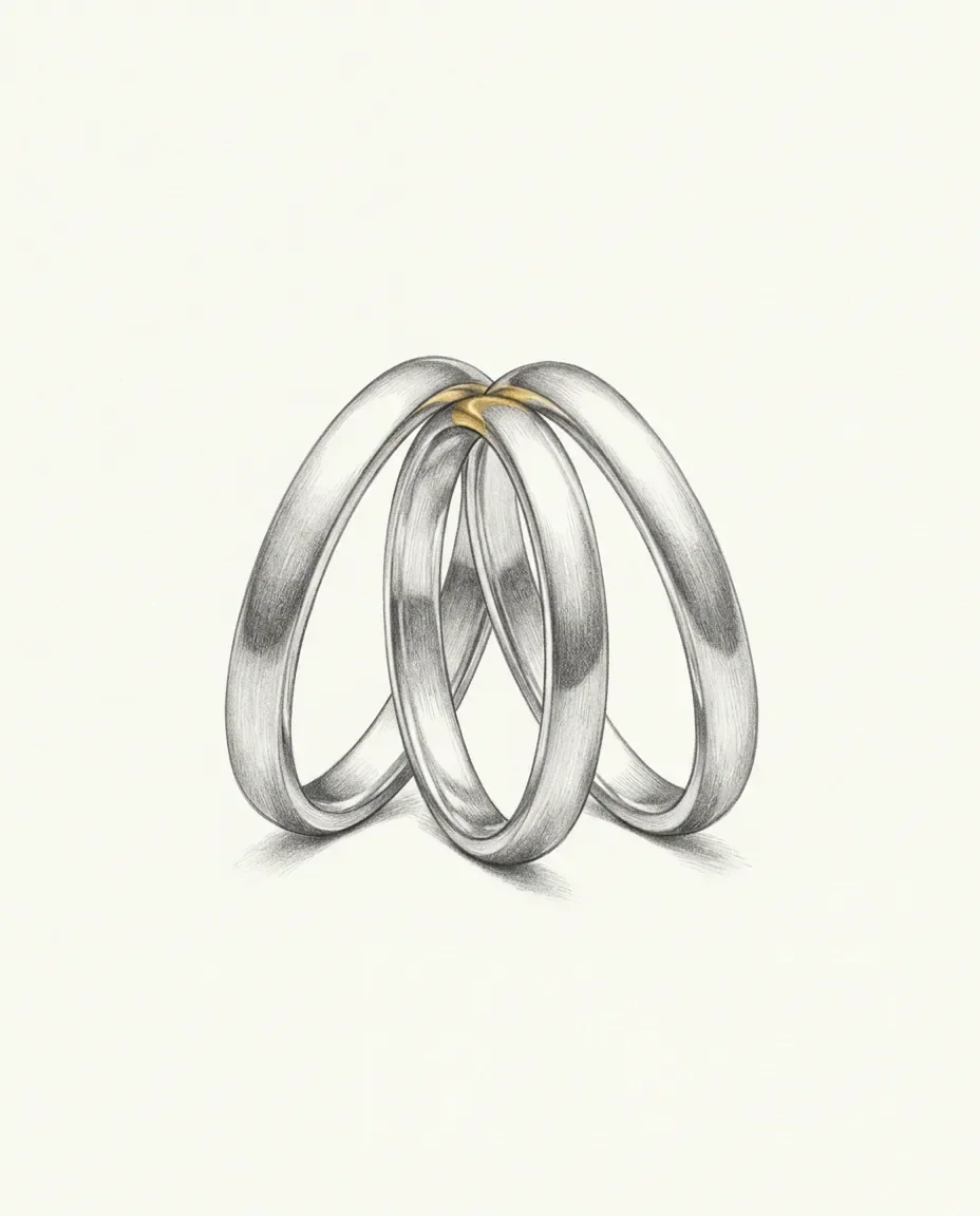Three upright bands lean inward and meet at a single point at the top, where a small patch of gold marks the join.