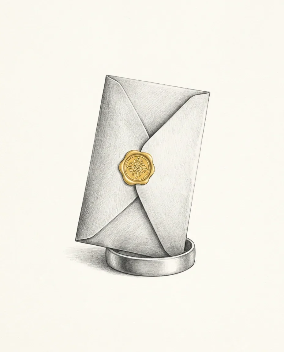 A sealed envelope stands upright inside a plain metal band, its gold wax seal pressed unbroken across the flap.