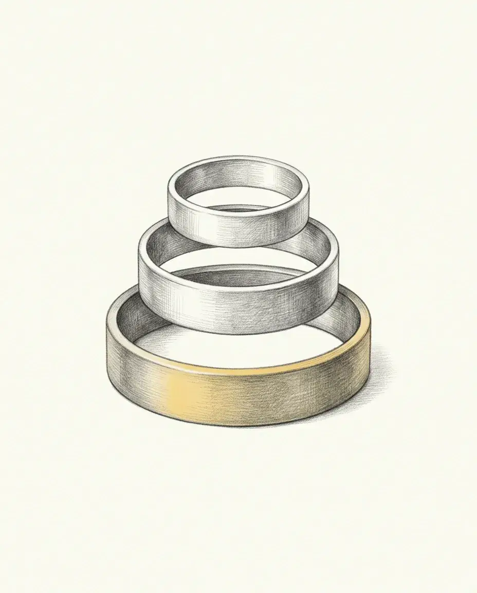 Three rings sit stacked from largest to smallest, the widest at the base carrying a broad gold face and the smallest resting on top.