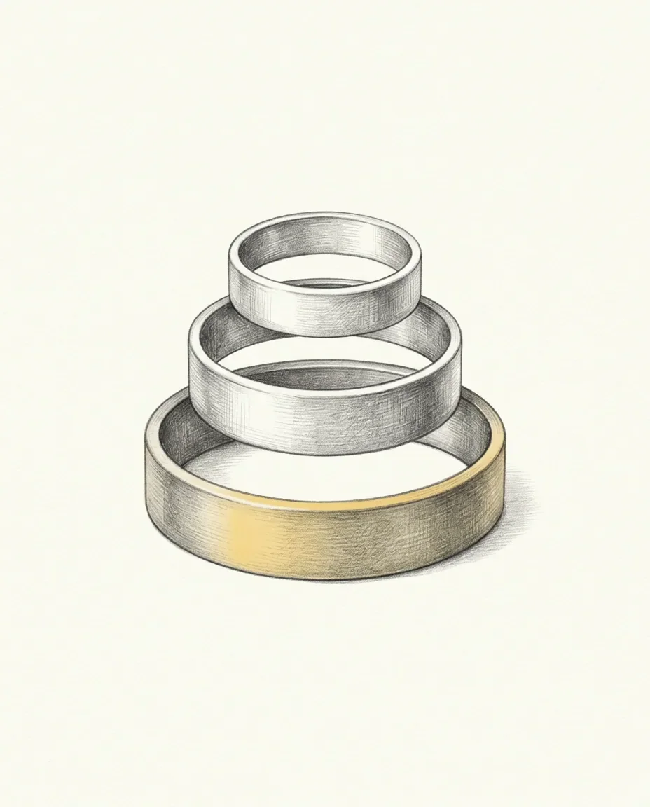 Three rings sit stacked from largest to smallest, the widest at the base carrying a broad gold face and the smallest resting on top.