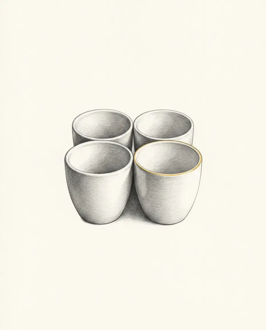 Four ceramic cups stand pressed together in a tight square, all open upward, with one rim traced in gold.