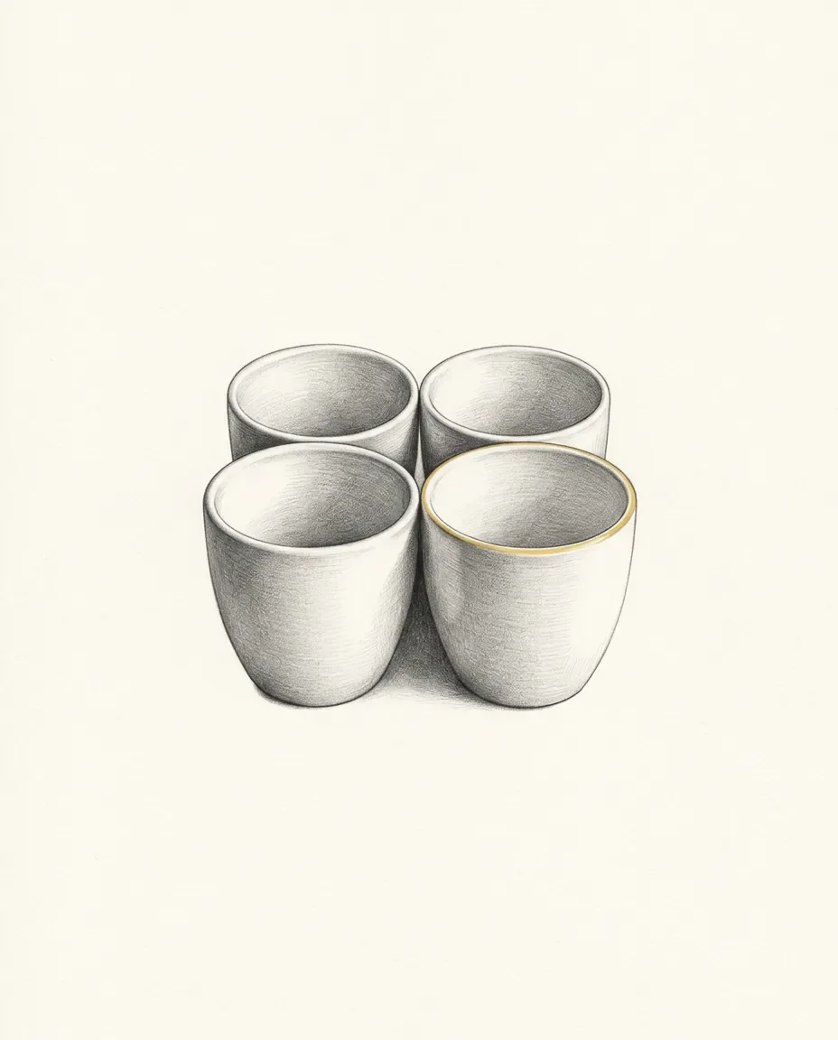 Four ceramic cups stand pressed together in a tight square, all open upward, with one rim traced in gold.