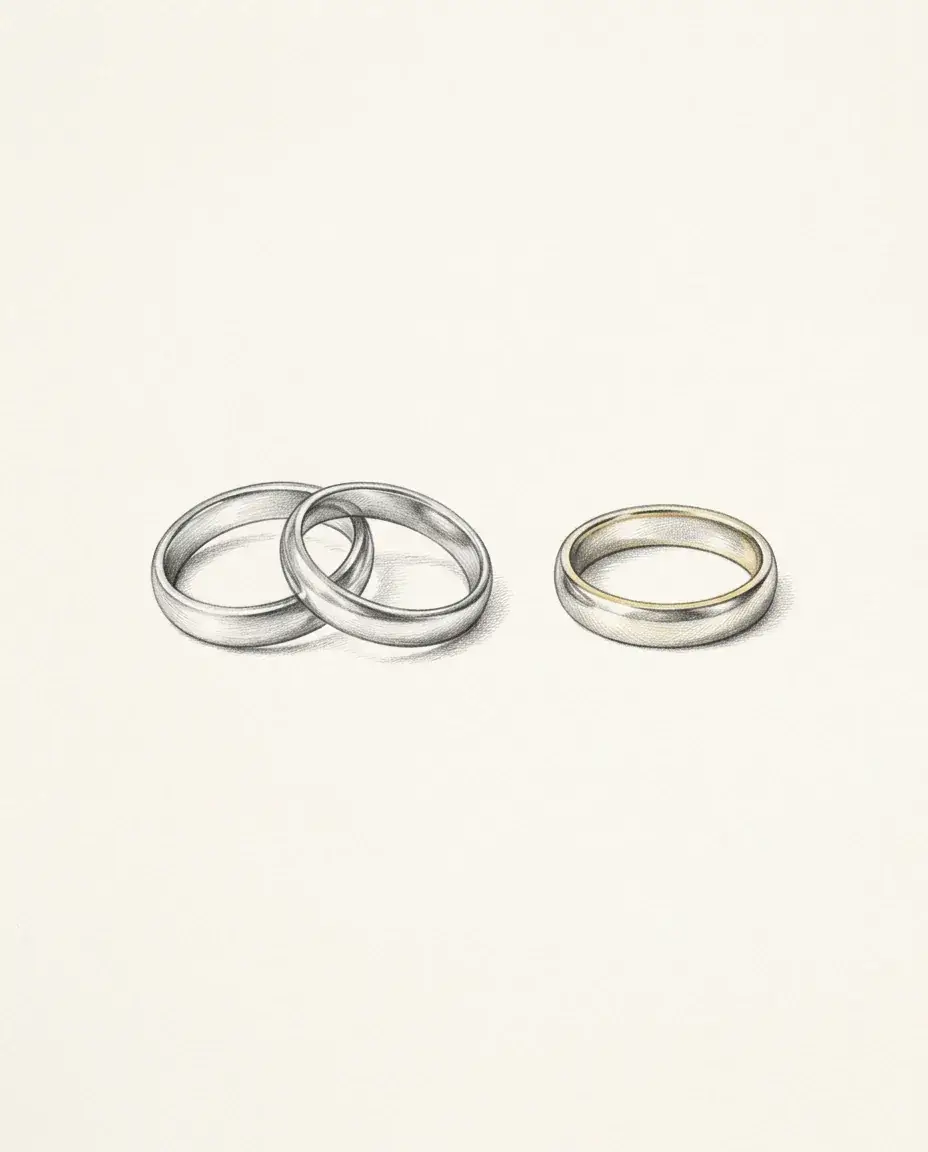 Two rings overlap on the left while a third, lined in gold inside, rests a short distance apart on the right.