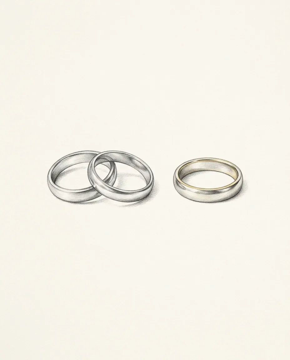 Two rings overlap on the left while a third, lined in gold inside, rests a short distance apart on the right.