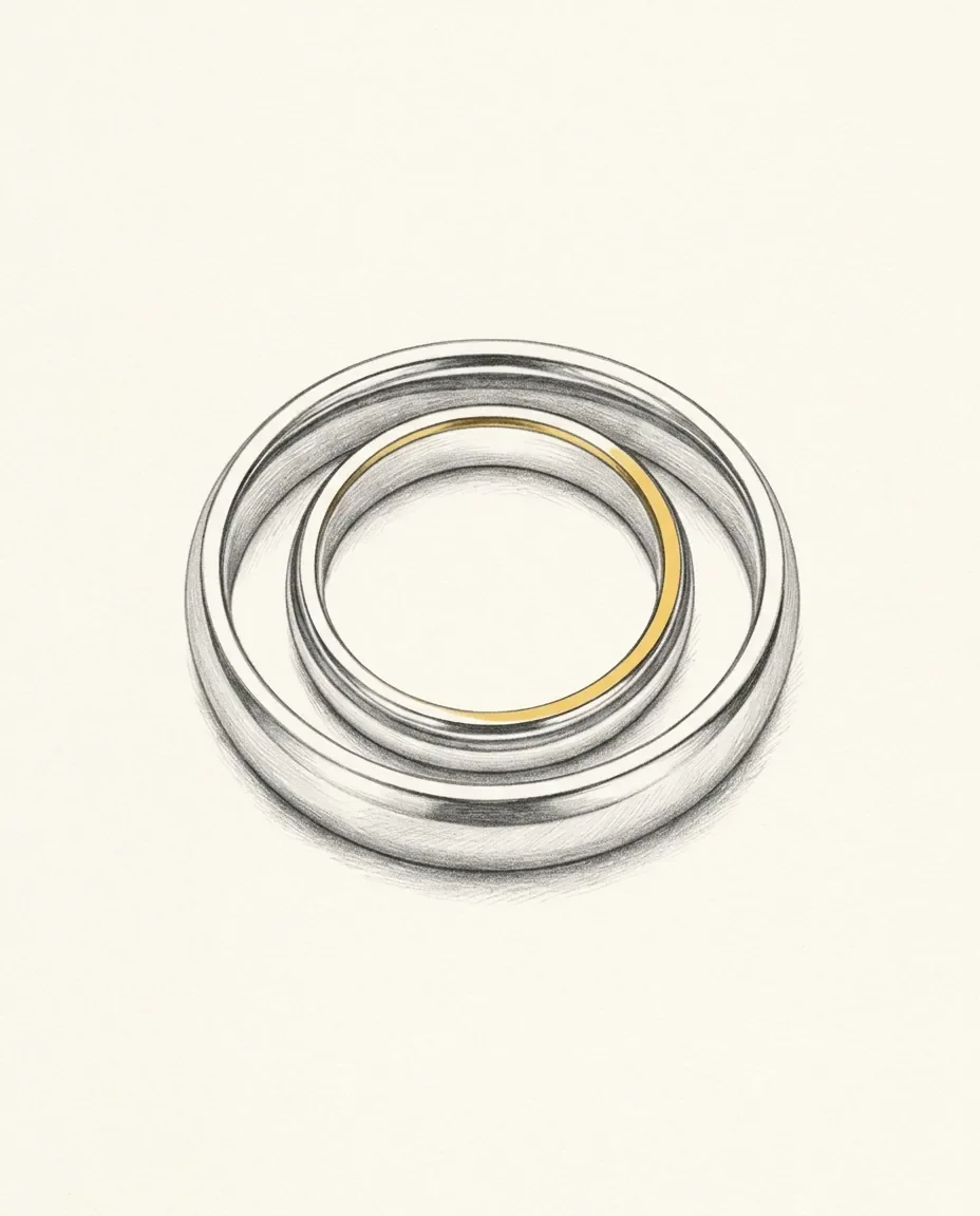 One band rests concentrically inside a slightly wider one, the inner edge of the smaller catching a line of gold.