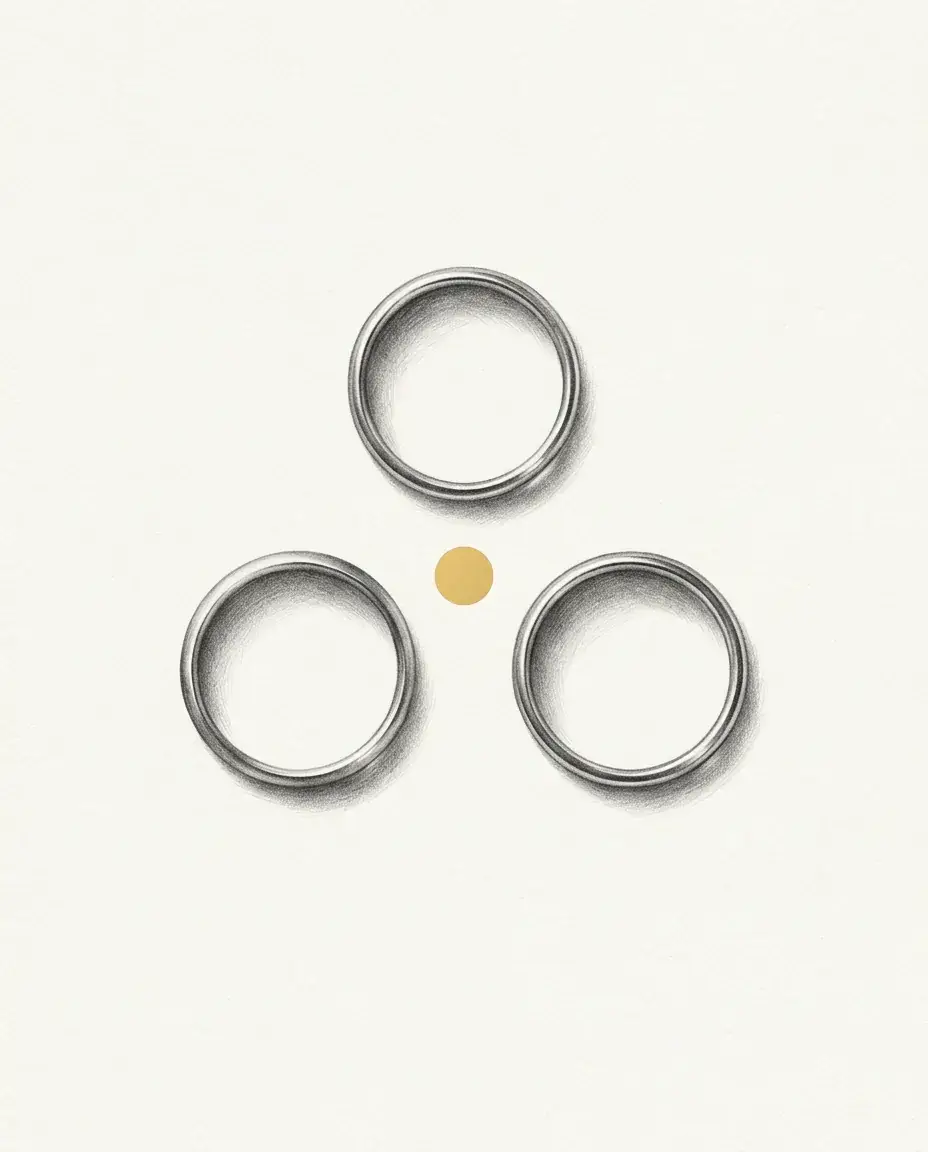 Three identical rings lie flat and equally spaced in a triangle, with a small gold disc set at the centre point between them.