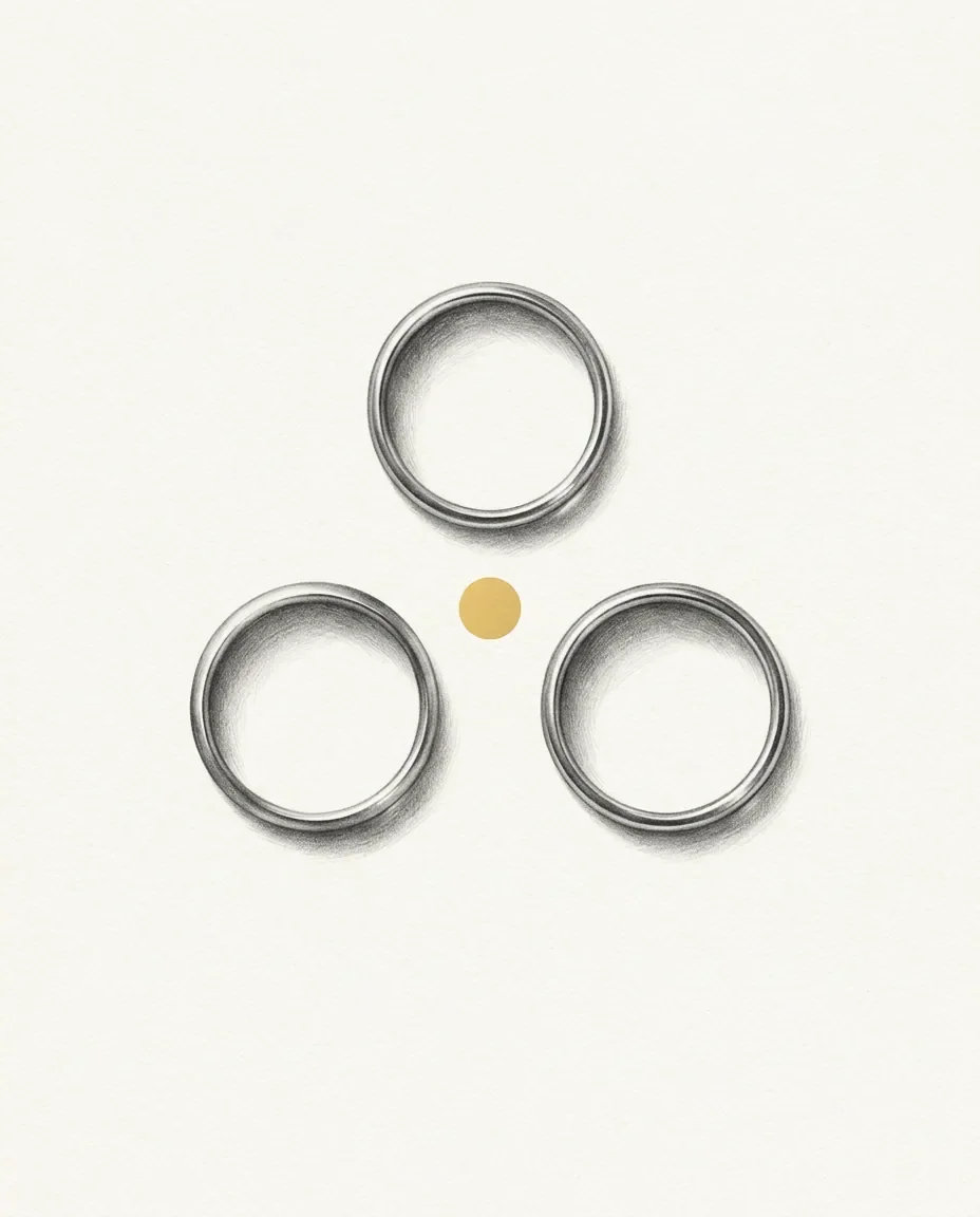 Three identical rings lie flat and equally spaced in a triangle, with a small gold disc set at the centre point between them.