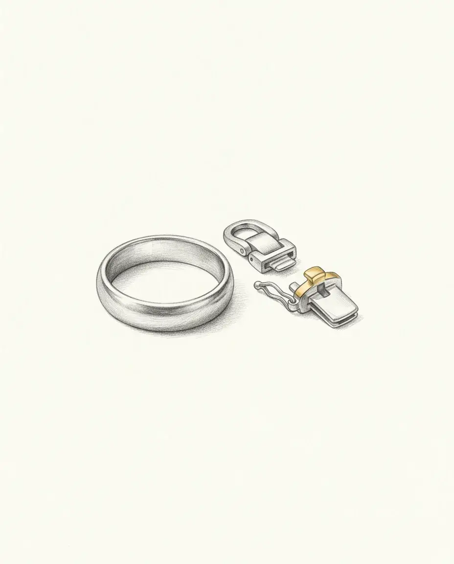 A plain band lies to the left of a clasp that has been unlatched, its two halves separated and one of them tipped in gold.