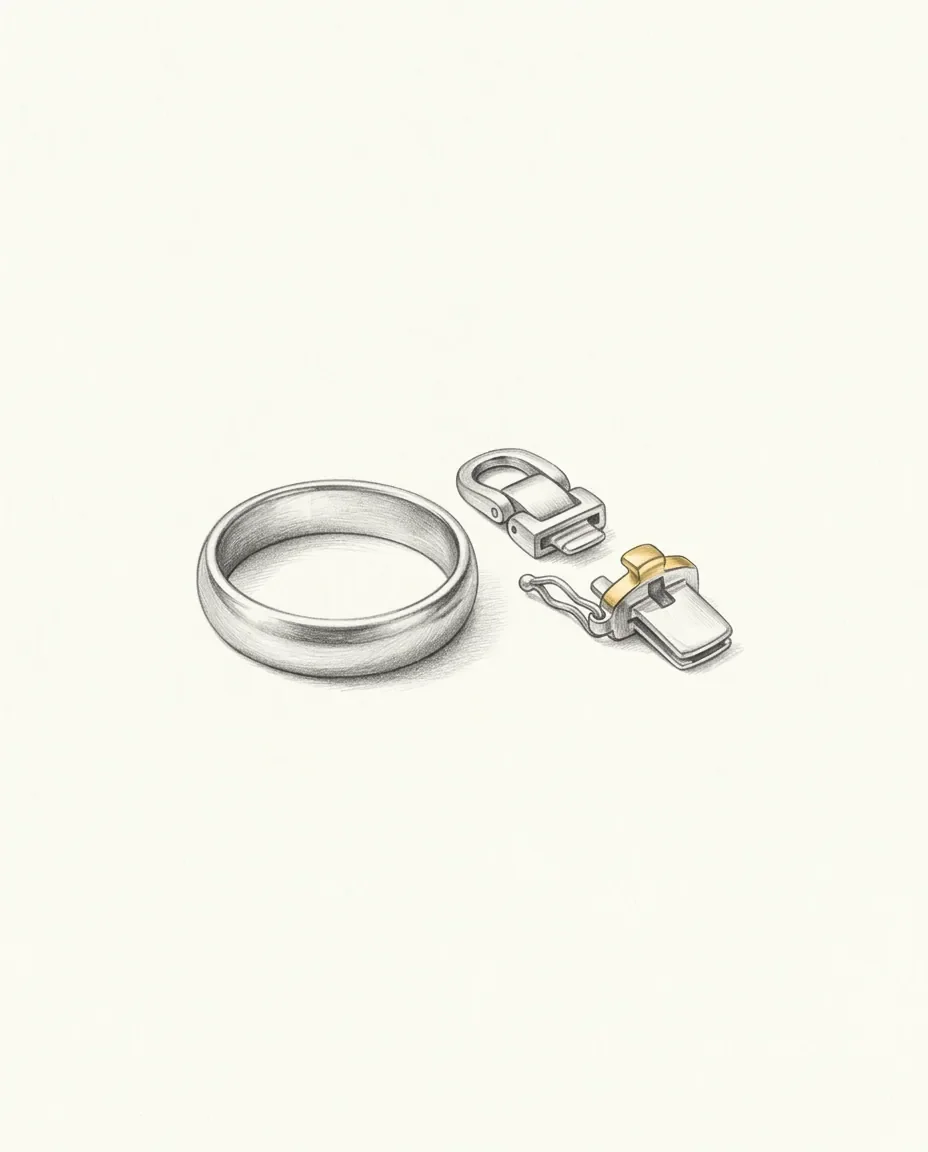 A plain band lies to the left of a clasp that has been unlatched, its two halves separated and one of them tipped in gold.