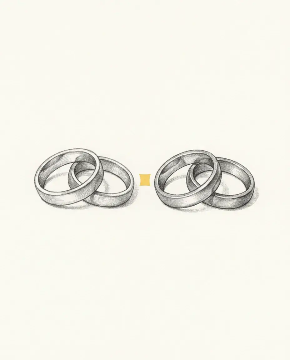 Two interlocked pairs of rings sit well apart from each other, a small gold marker holding the gap between them.