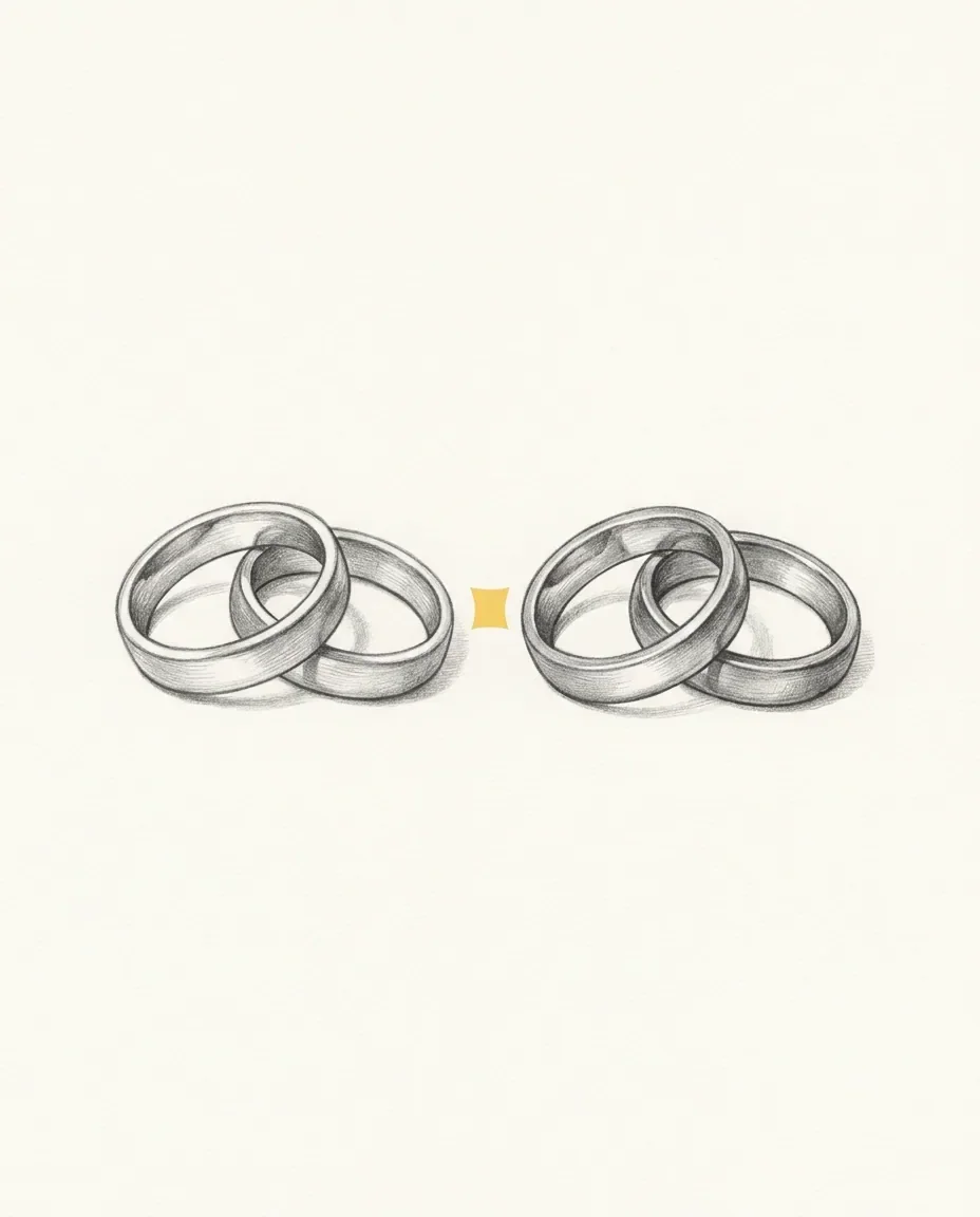Two interlocked pairs of rings sit well apart from each other, a small gold marker holding the gap between them.