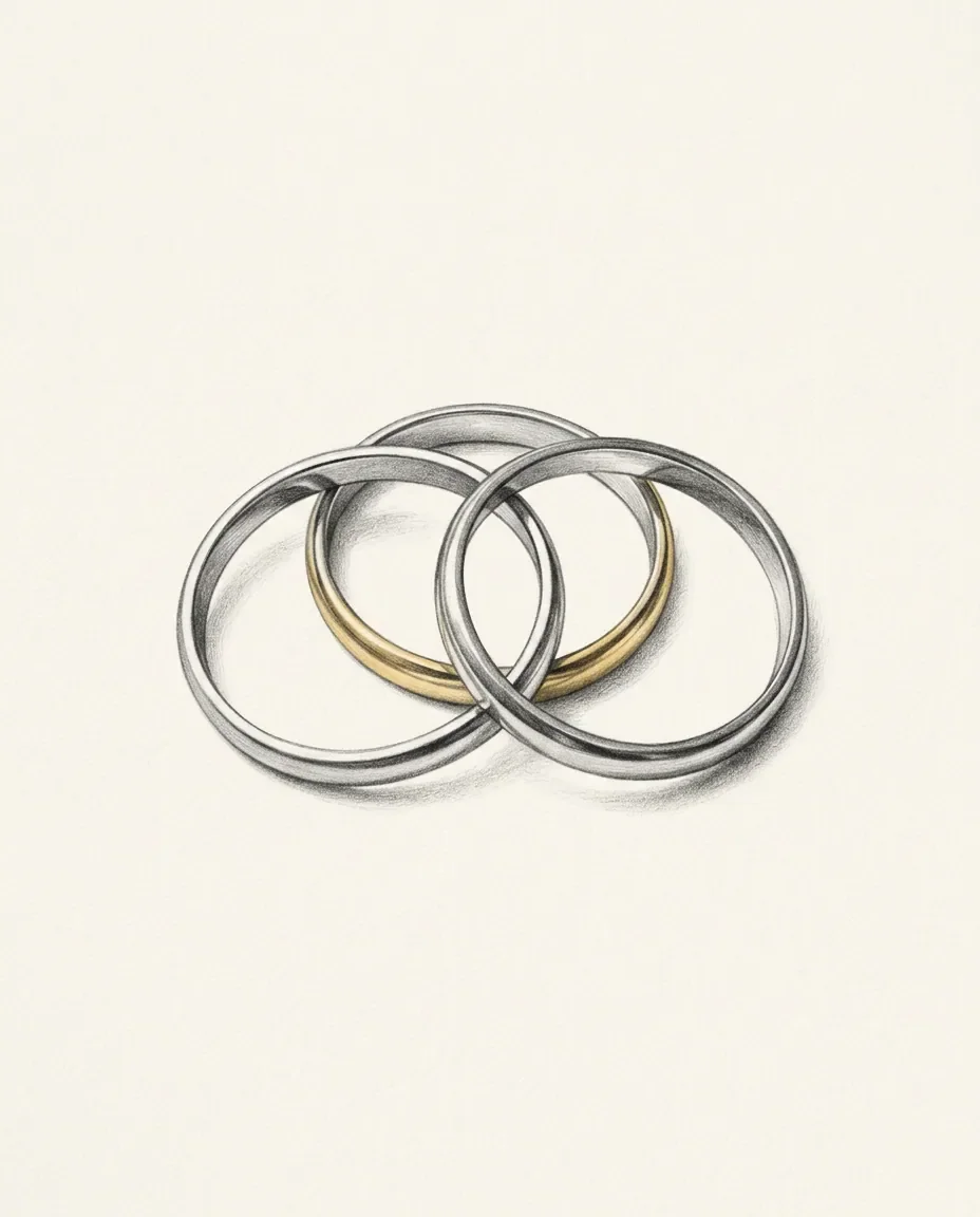 Three rings interlink in an open chain, the middle one finished in gold, with the outer two turned at different angles.