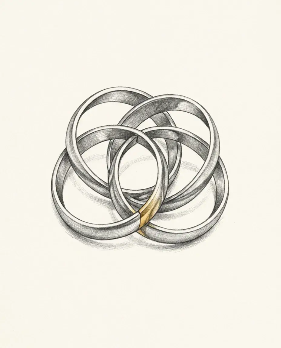 Four rings interlink into a single closed loop, each passing through the next, with one crossing point picked out in gold.