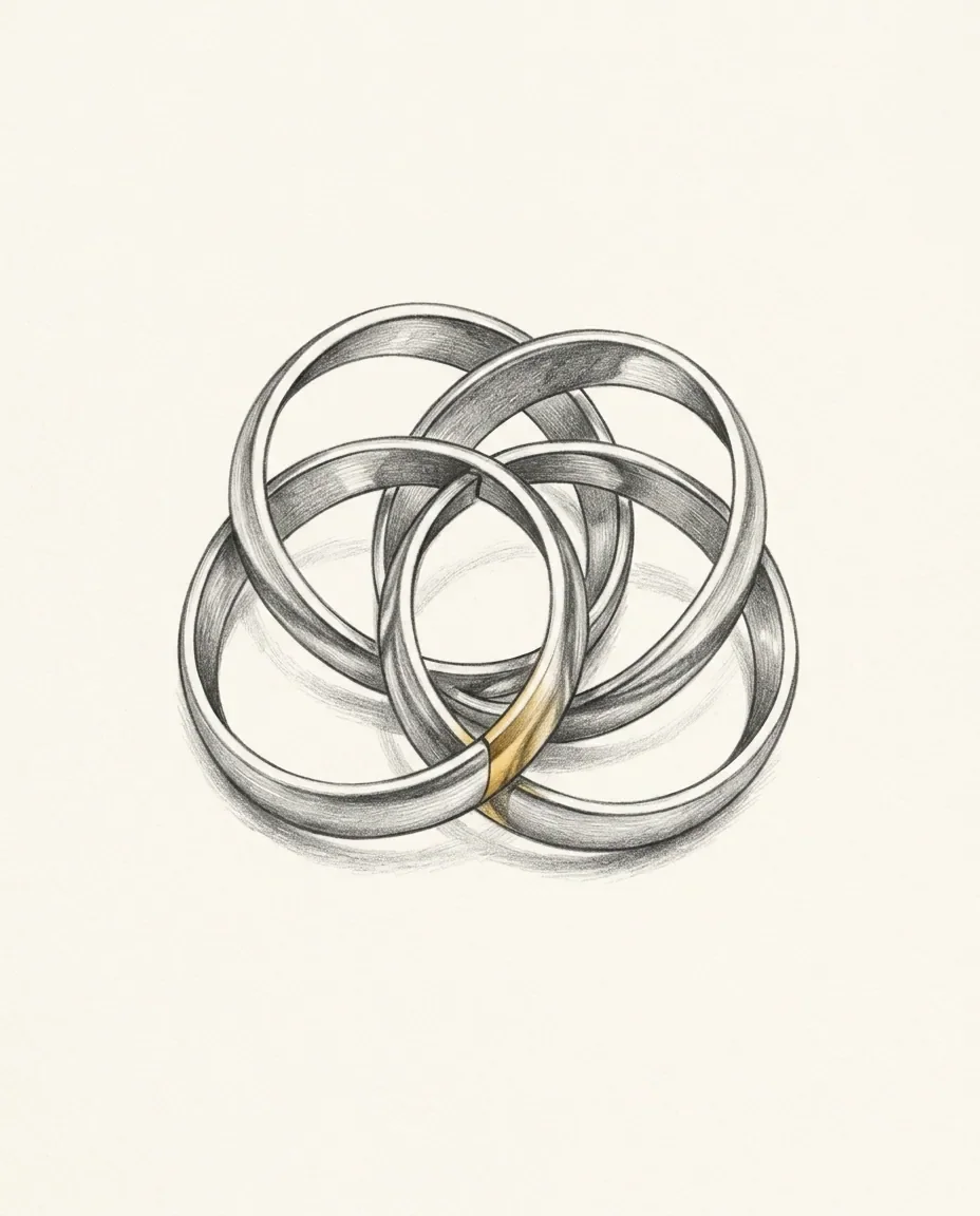 Four rings interlink into a single closed loop, each passing through the next, with one crossing point picked out in gold.