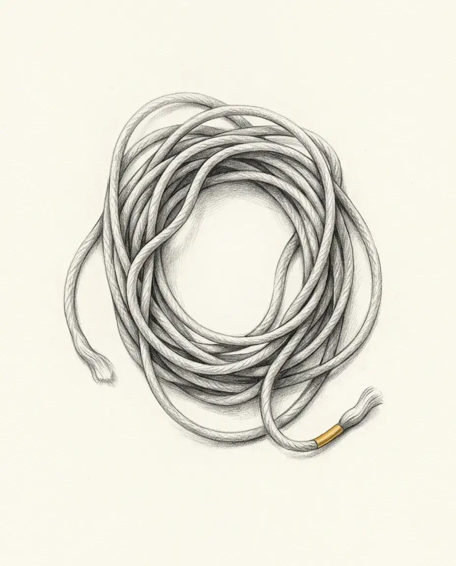 A cord lies in a loose unknotted coil with both ends left free, one of them bound in a small gold ferrule.