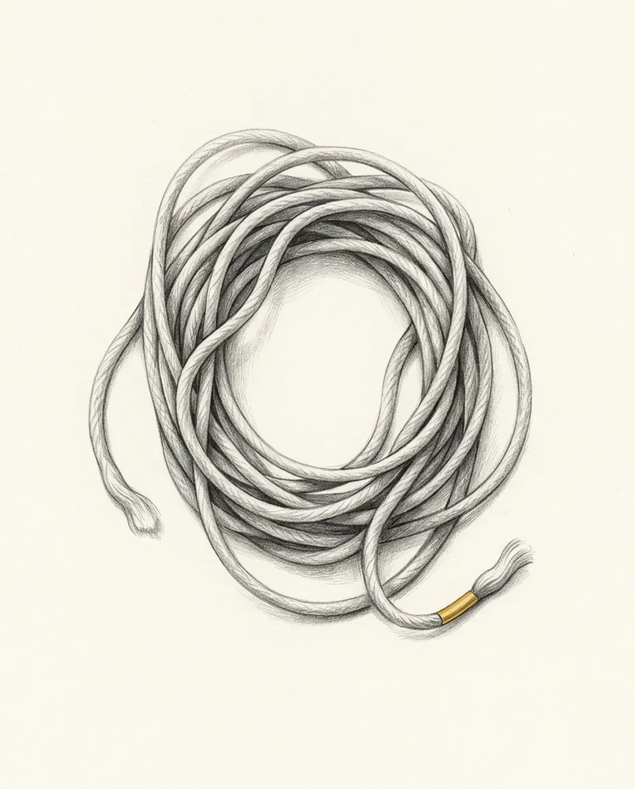 A cord lies in a loose unknotted coil with both ends left free, one of them bound in a small gold ferrule.