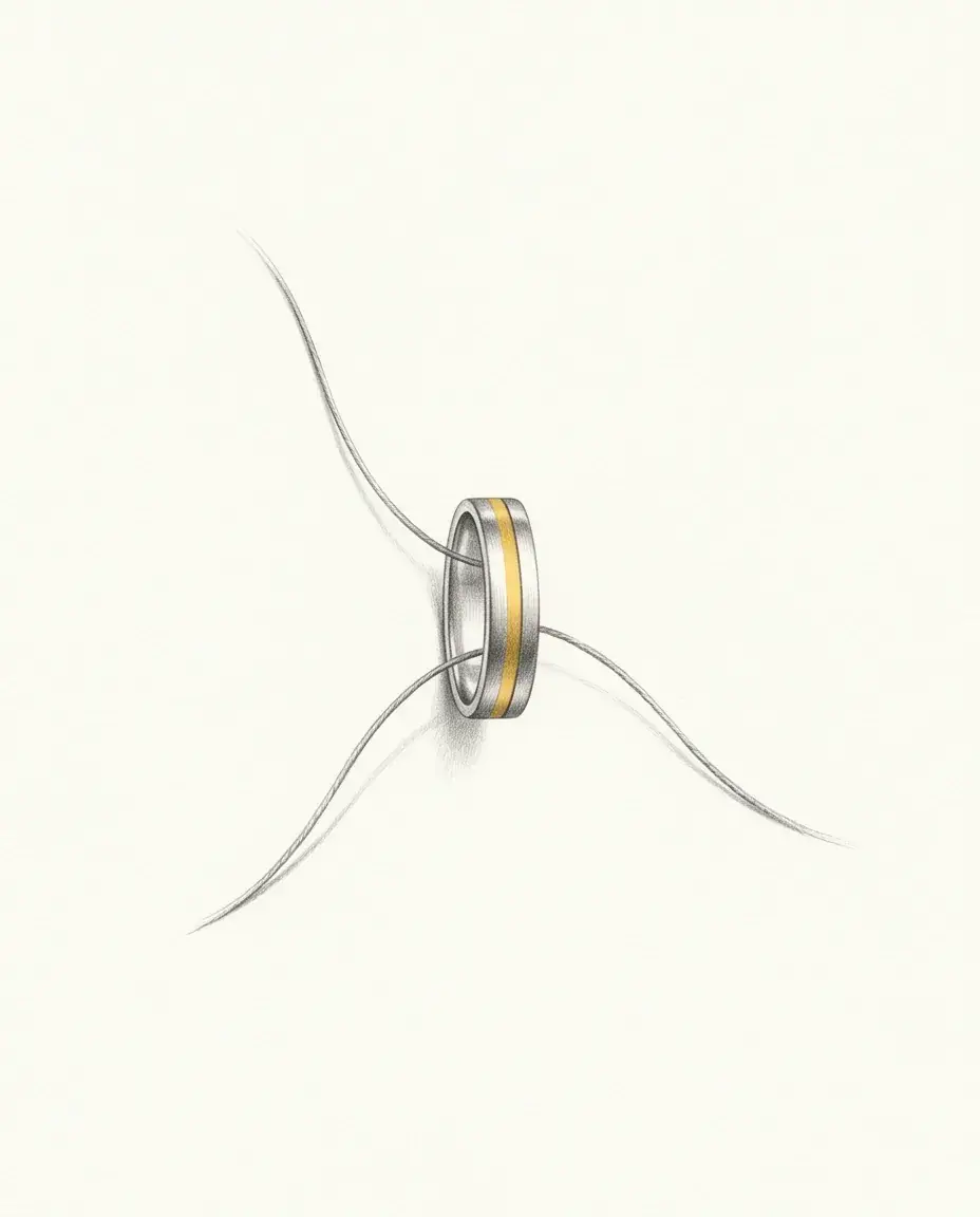 A single upright band with a gold stripe around it sits where three fine threads pass through and run off in different directions.
