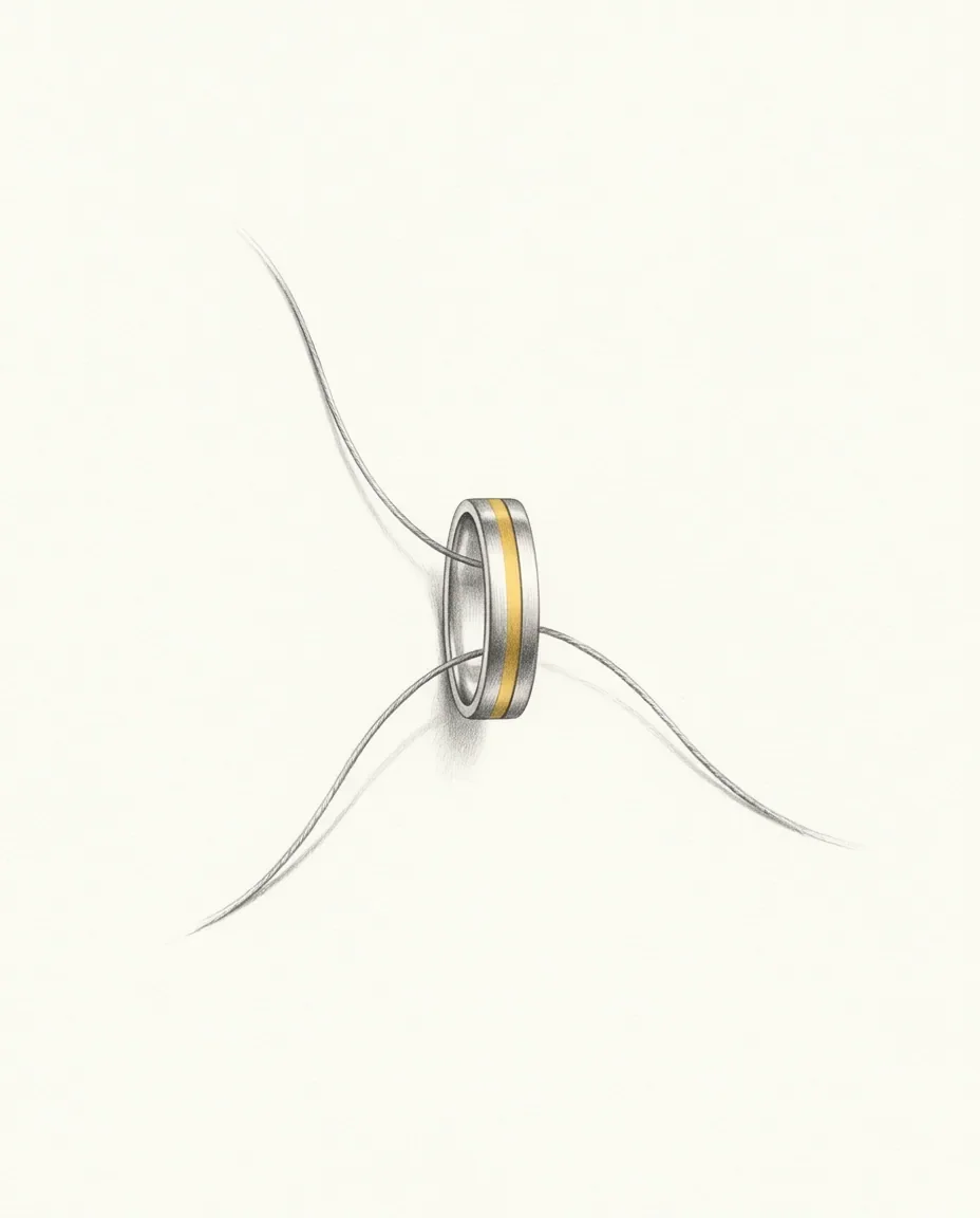 A single upright band with a gold stripe around it sits where three fine threads pass through and run off in different directions.