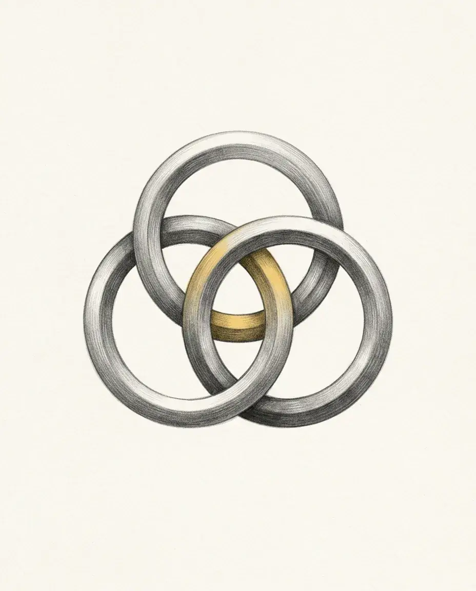 Three rings interlock as a trefoil, each passing over one neighbour and under the other, the innermost curve showing gold.