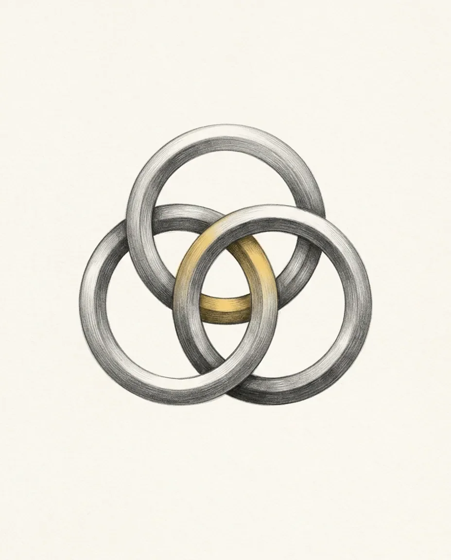 Three rings interlock as a trefoil, each passing over one neighbour and under the other, the innermost curve showing gold.