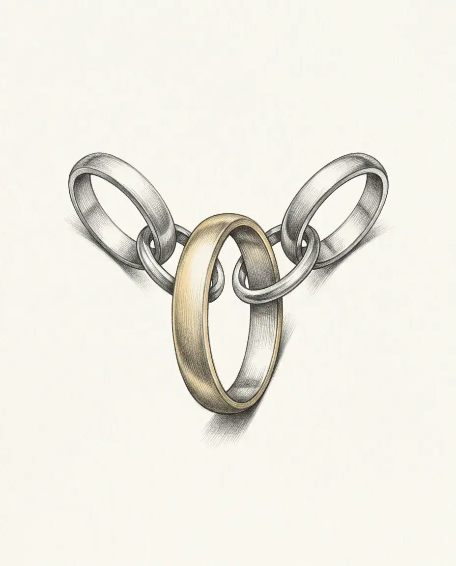A central gold-faced ring links to two smaller rings that rise away on either side, and those two never touch each other.