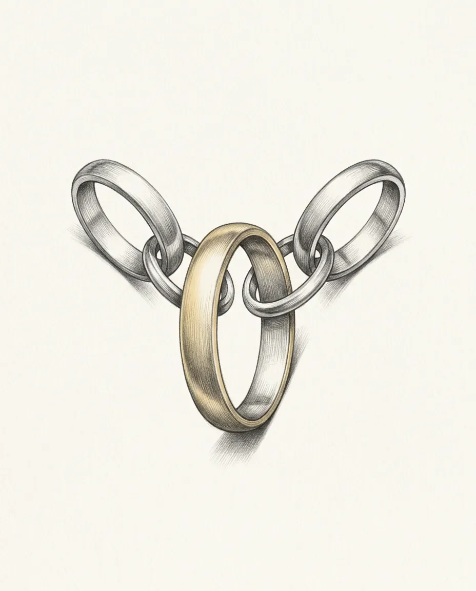 A central gold-faced ring links to two smaller rings that rise away on either side, and those two never touch each other.