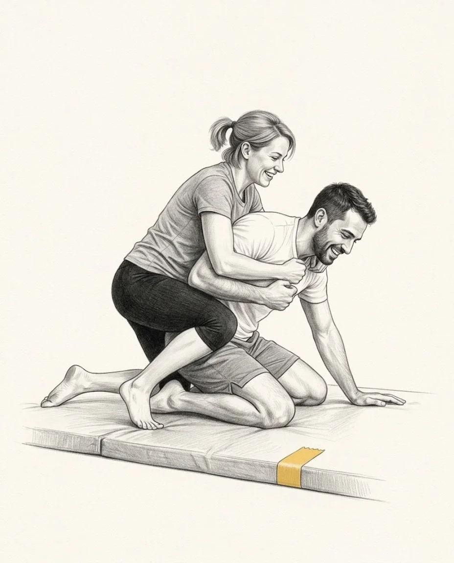 A smiling woman in a T-shirt and leggings holds a laughing man in a T-shirt and shorts from behind on a gym mat, both barefoot, a strip of tape along the mat edge.