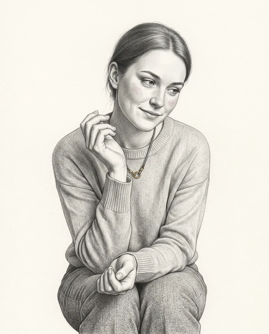 A woman in a soft jumper sits with one hand raised near her collar, smiling to the side, a small gold pendant at her throat.