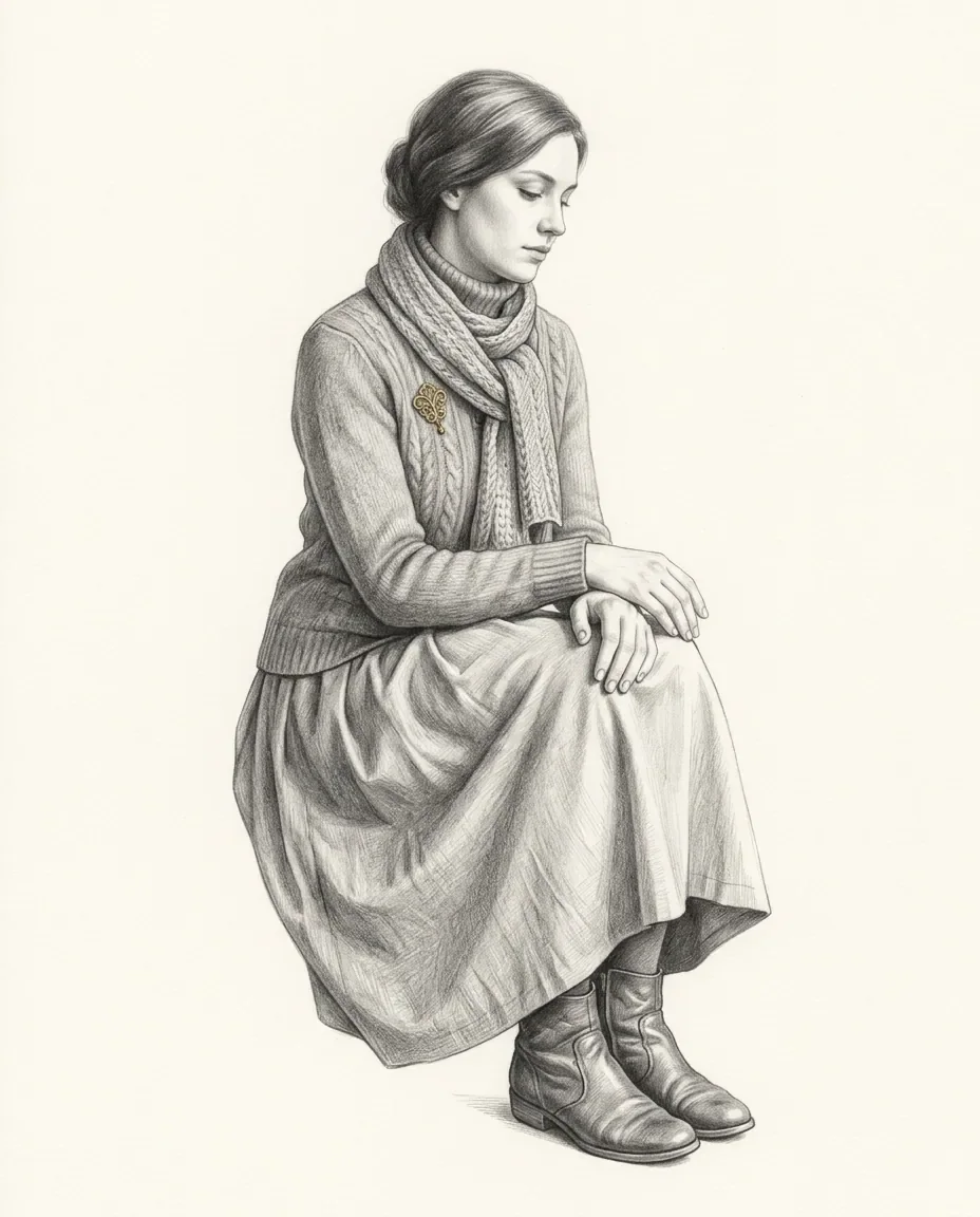 A woman sits with her hands folded over a long skirt, a cable scarf at her neck and a small gold brooch on her cardigan.