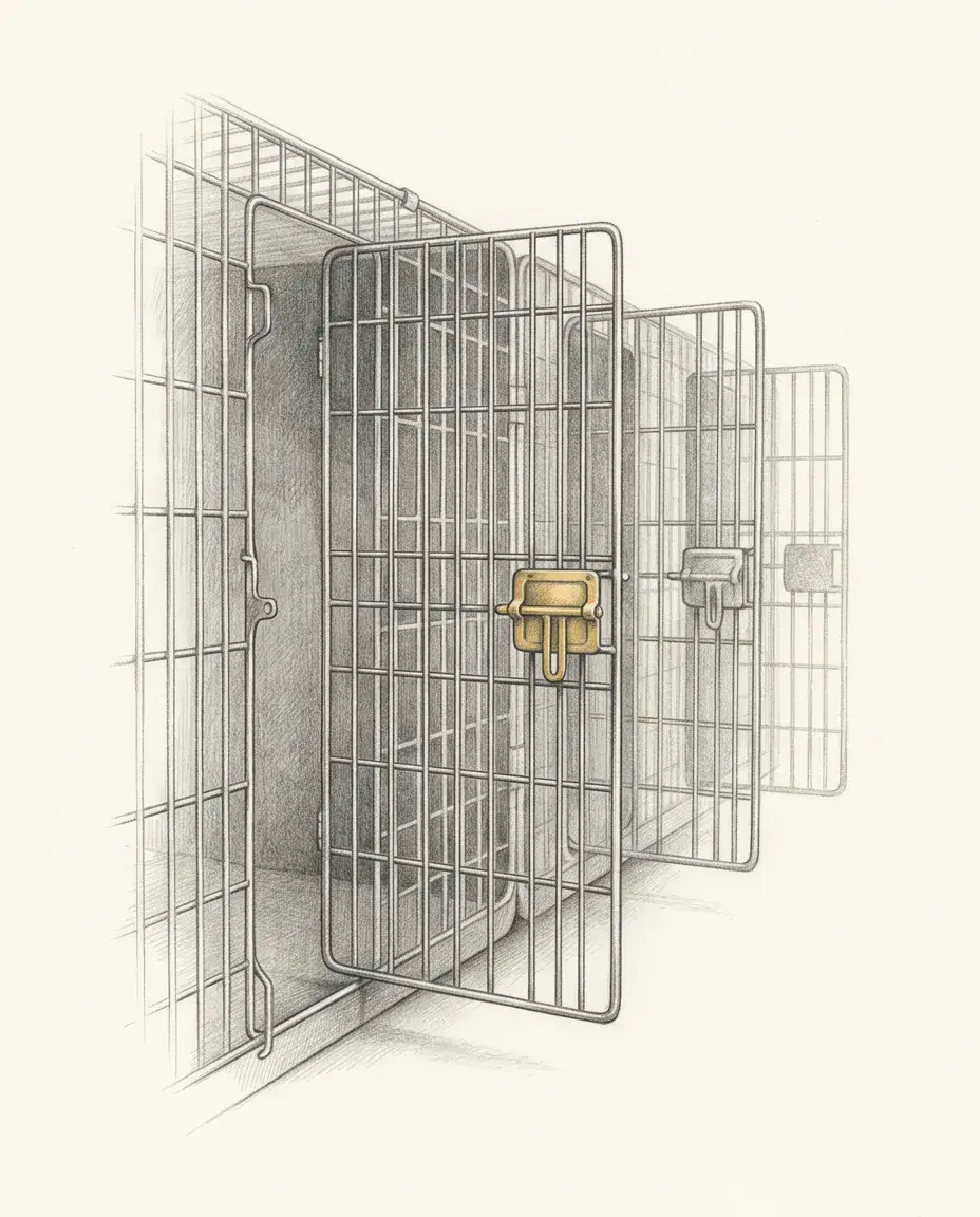 Wire cage doors stand ajar in a receding row, one brass latch catching the light and the interiors falling into shadow.