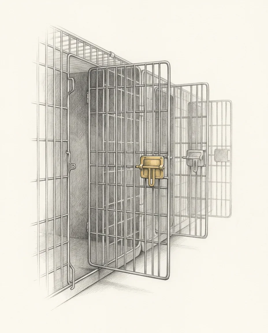 Wire cage doors stand ajar in a receding row, one brass latch catching the light and the interiors falling into shadow.