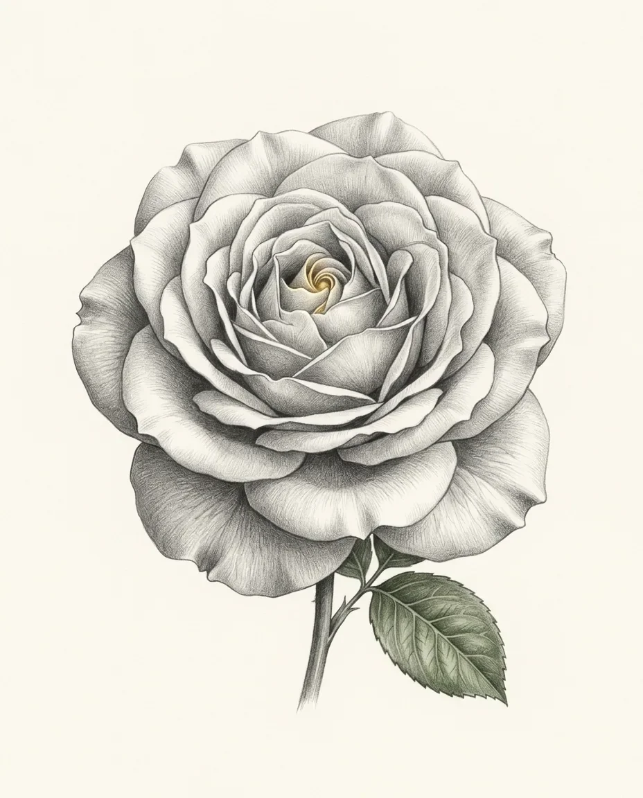 A garden rose is drawn open and face on, its layered petals curling outward from a small gilded centre.